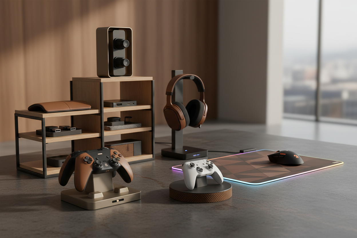 fais moi une image de couverture a base de produits de pc comme des station de charge pour manettes avec comme couleur du marron, gris et noir